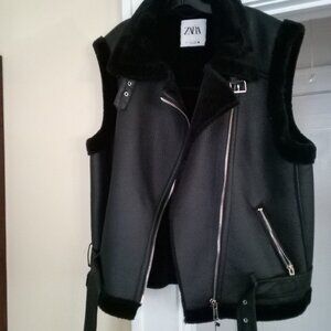 Zara Black Faux Shearling Vest NWT